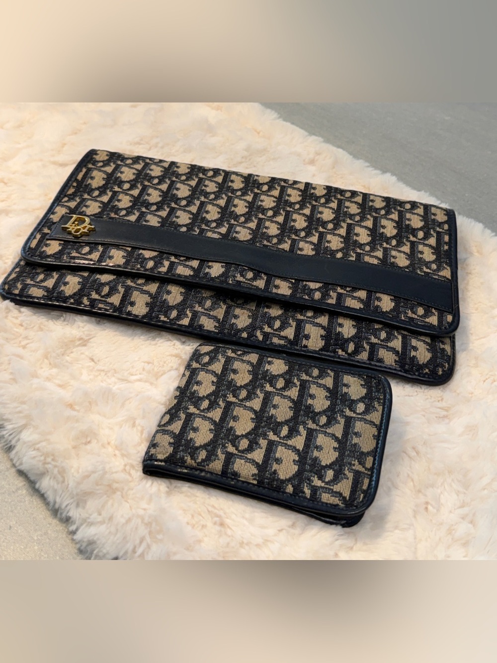 Vintage Dior Blue Logo Monogram Oblique Clutch & Bifold Wallet Set